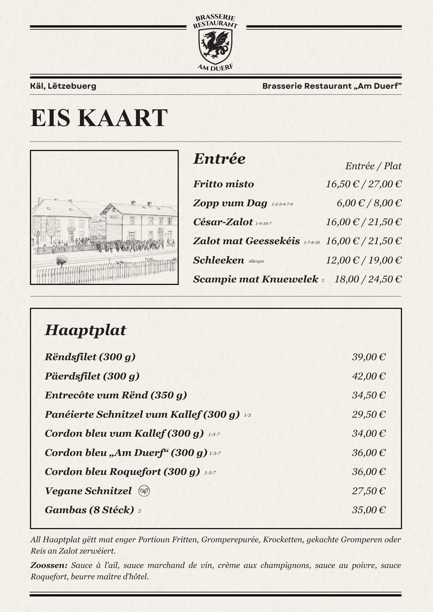 Eis Kaart — d'Menu vun der Brasserie Am Duerf